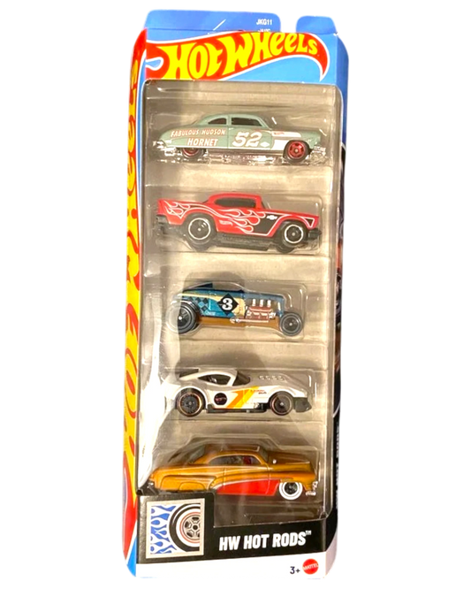More Than Diecast Hot Wheels HW Hot Rods 5-pack featuring assorted multicolor 1:64 scale diecast model cars in packaging