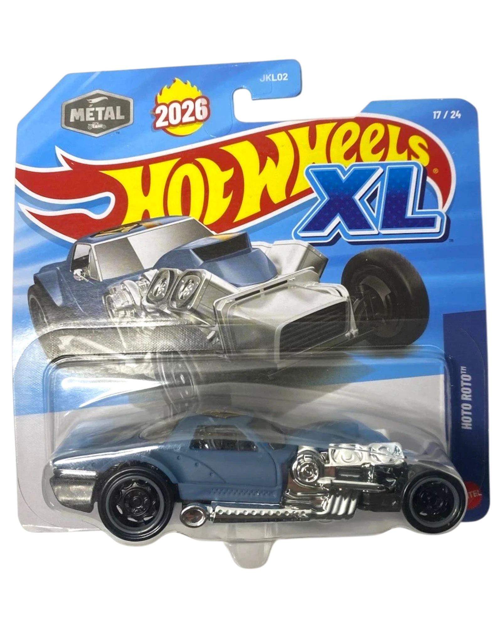 More Than Diecast Hot Wheels XL Hoto Roto die-cast toy car, blue with chrome engine details and black wheels.