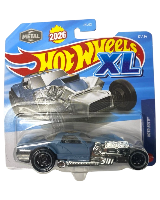 More Than Diecast Hot Wheels XL Hoto Roto die-cast toy car, blue with chrome engine details and black wheels.