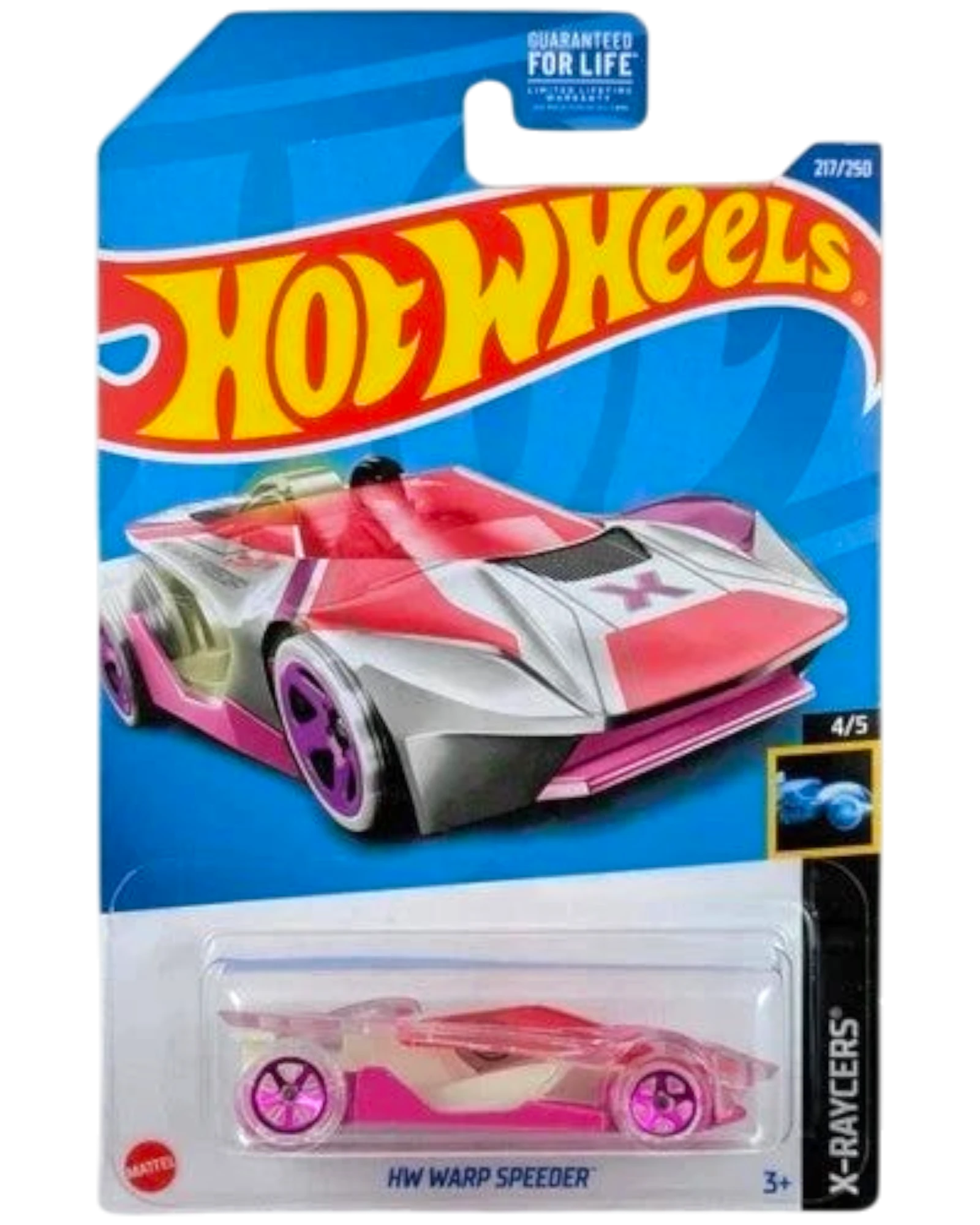 More Than Diecast Hot Wheels 2022 Treasure Hunt HW Warp Speeder toy car, pink and white with purple accents.