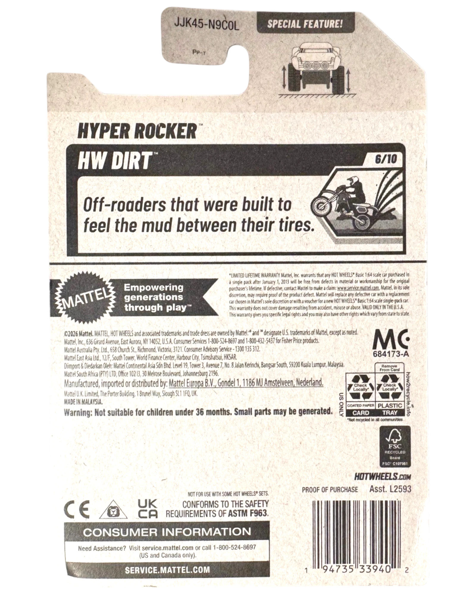 More Than Diecast Hot Wheels Hyper Rocker HW Dirt T-Rex Attack packaging back view with product details and branding