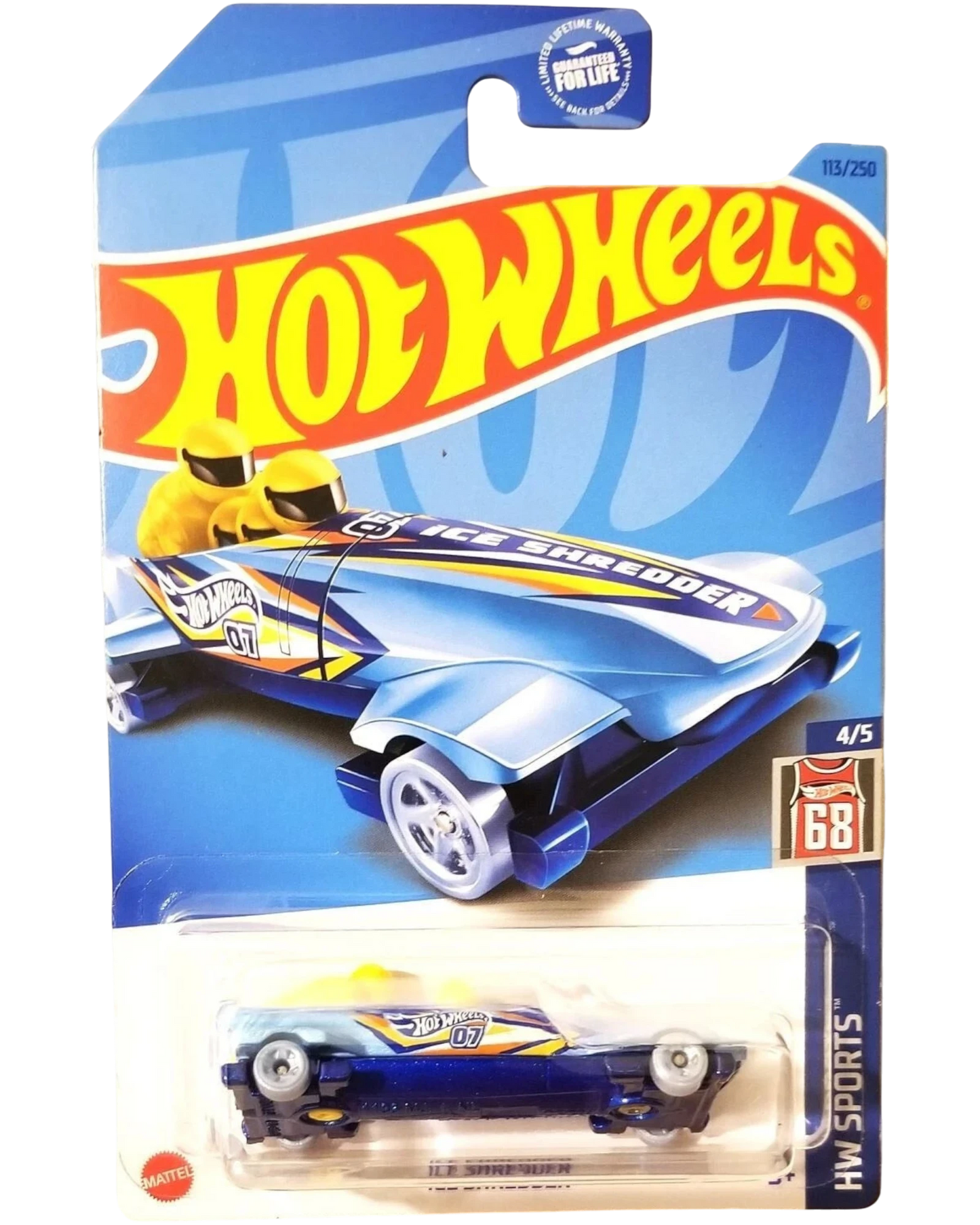 More Than Diecast Hot Wheels Ice Shredder 1:64 scale die-cast car with blue and white fantasy casting, yellow helmets, and HW Sports deco.