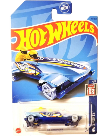 More Than Diecast Hot Wheels Ice Shredder 1:64 scale die-cast car with blue and white fantasy casting, yellow helmets, and HW Sports deco.