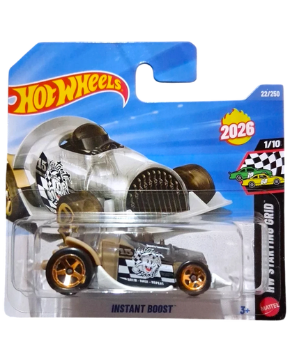 More Than Diecast Hot Wheels Instant Boost HW Starting Grid diecast car, silver and black with gold accents and racing graphics.