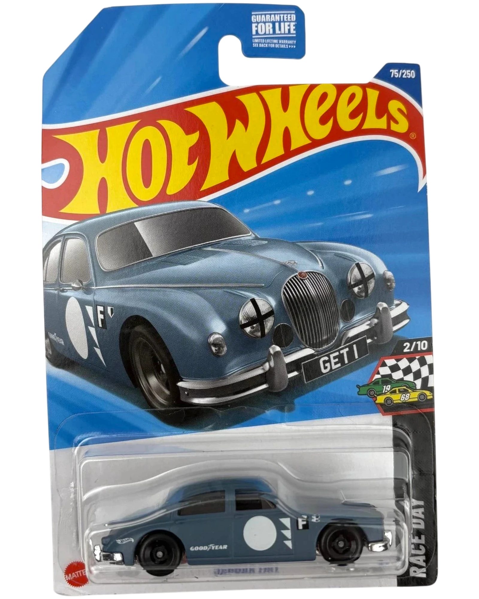 More Than Diecast Hot Wheels Jaguar MK1 blue die-cast car in Race Day packaging with classic British saloon design