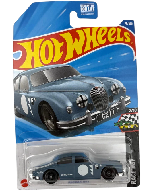 More Than Diecast Hot Wheels Jaguar MK1 blue die-cast car in Race Day packaging with classic British saloon design