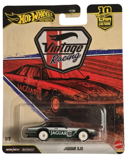 More Than Diecast Hot Wheels Premium Vintage Racing Jaguar XJS diecast car, dark green with white racing stripes and "JAGUAR 10" text.