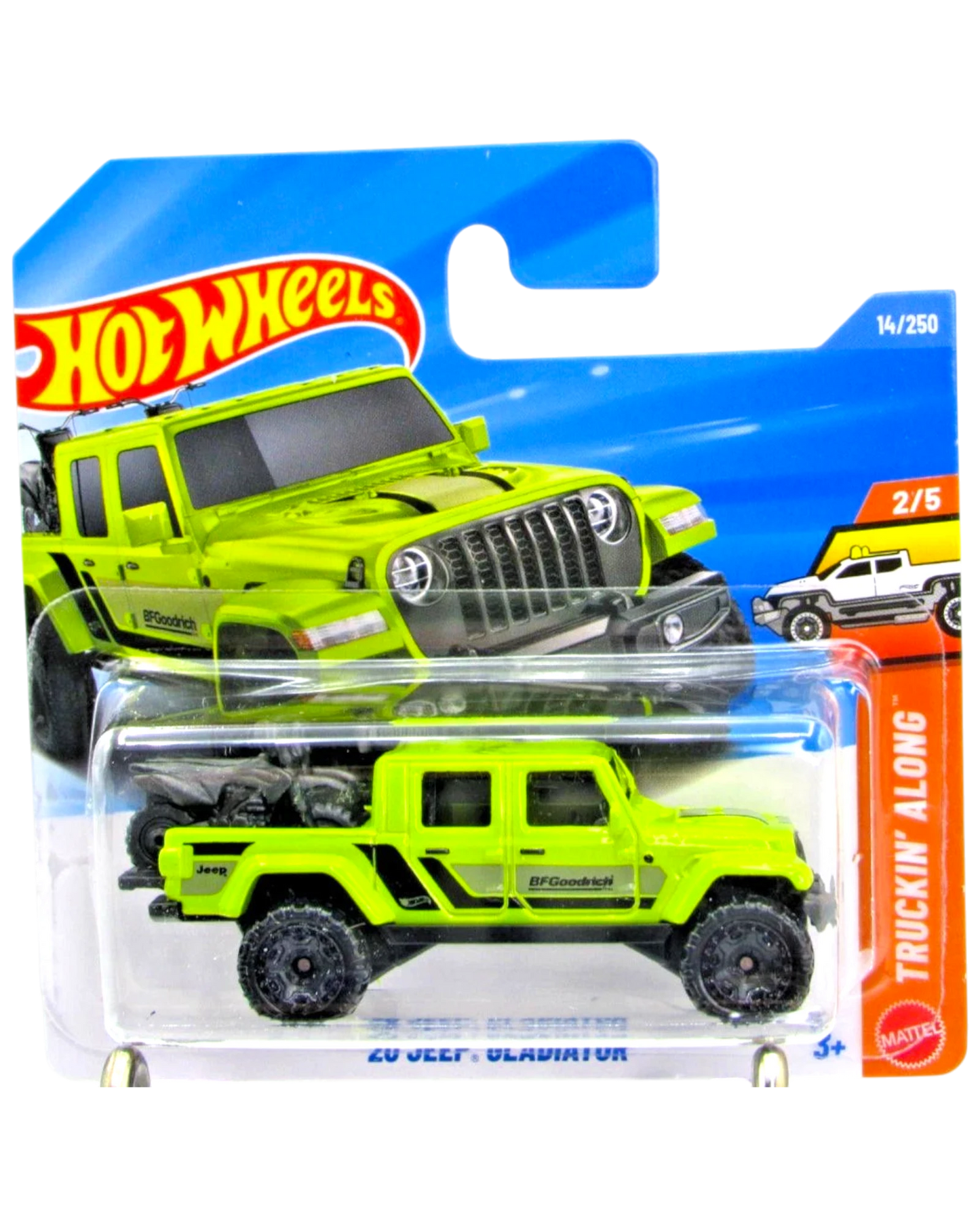 More Than Diecast 2022 Hot Wheels Jeep Gladiator truck, lime green with black accents and BFGoodrich tires, in blister pack.