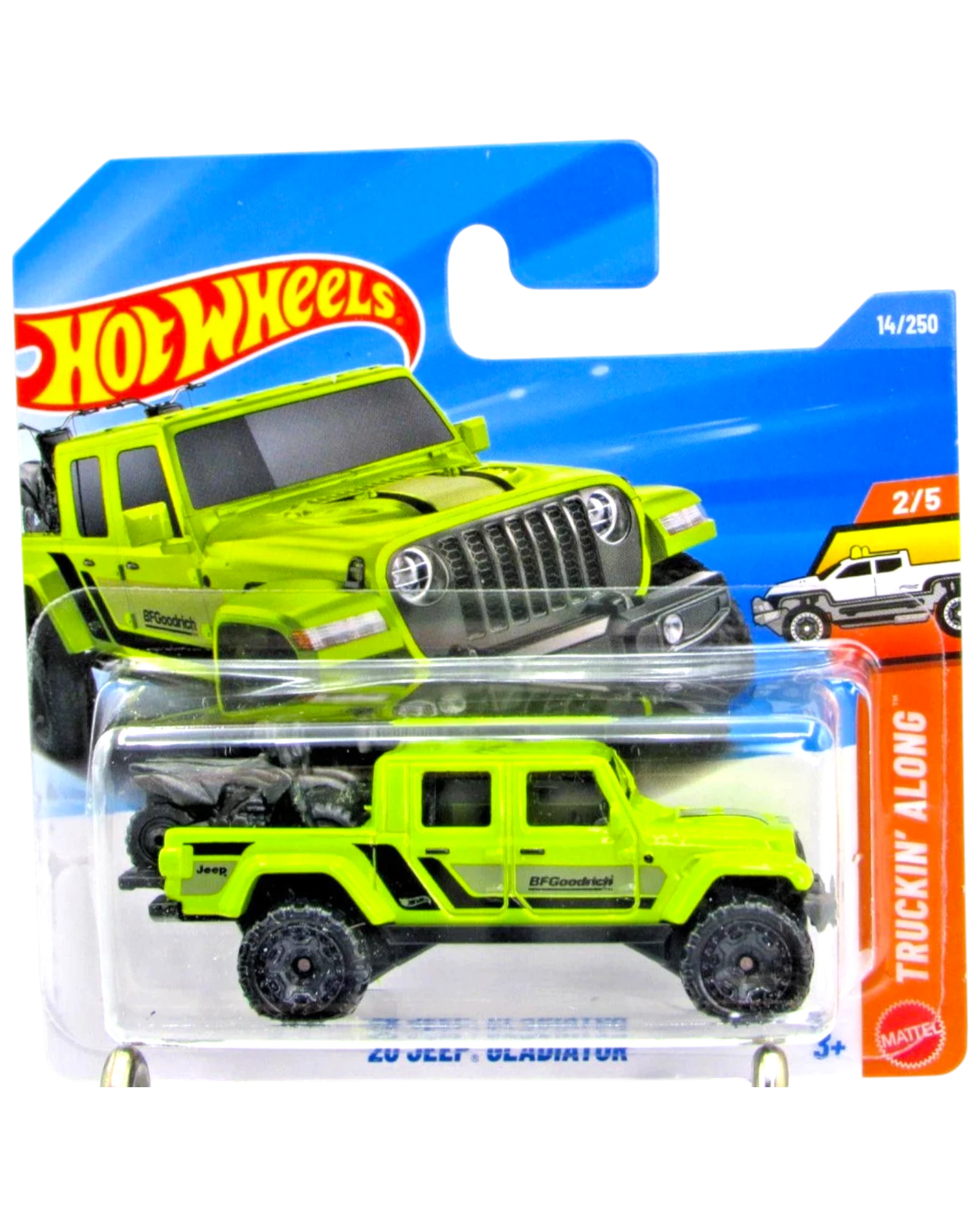 More Than Diecast 2022 Hot Wheels Jeep Gladiator truck, lime green with black accents and BFGoodrich tires, in blister pack.