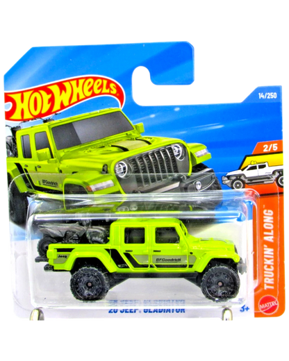 More Than Diecast 2022 Hot Wheels Jeep Gladiator truck, lime green with black accents and BFGoodrich tires, in blister pack.
