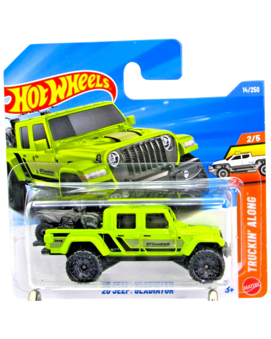 More Than Diecast 2022 Hot Wheels Jeep Gladiator truck, lime green with black accents and BFGoodrich tires, in blister pack.