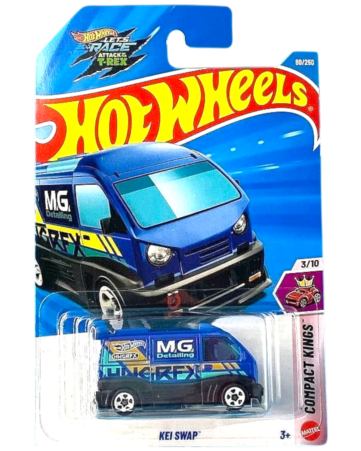 More Than Diecast Hot Wheels 2026 Kei Swap blue die-cast car in Compact Kings packaging from Let's Race T-Rex Show