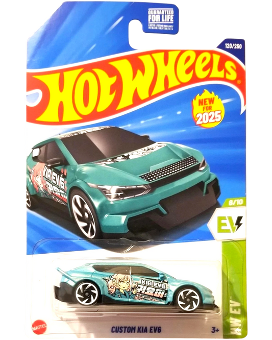 More Than Diecast Hot Wheels Custom Kia EV6 toy car, teal with anime graphics and white wheels.