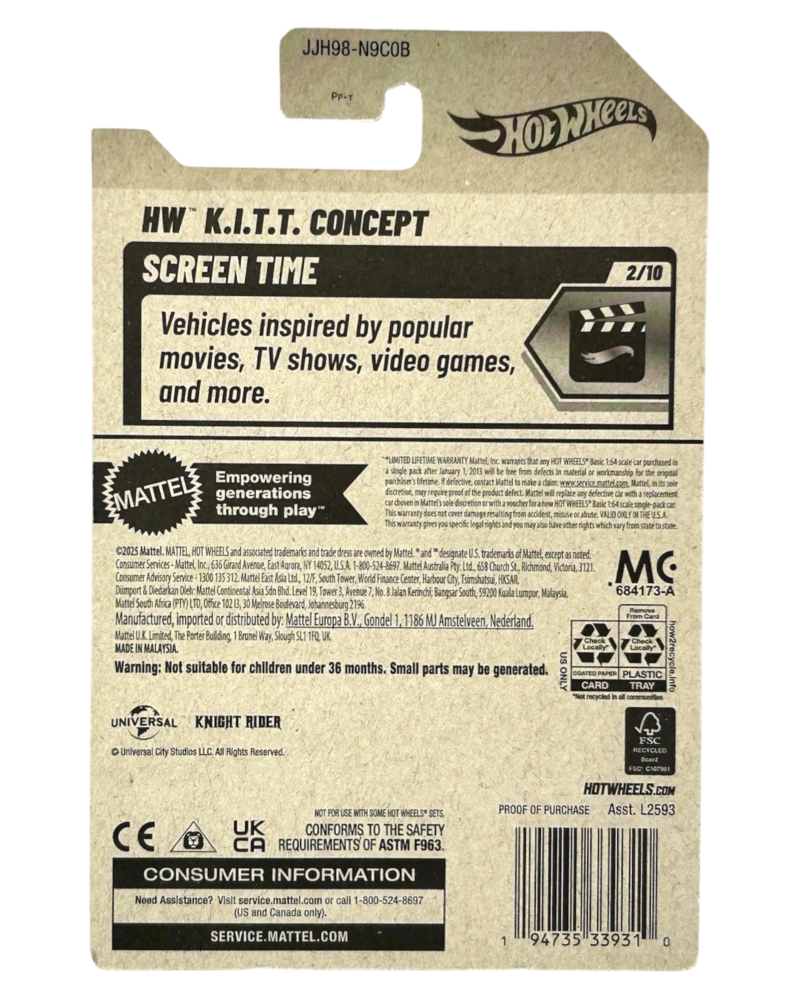 More Than Diecast Hot Wheels KITT Concept Screen Time 1:64 scale die-cast car, inspired by Knight Rider. Black deco.