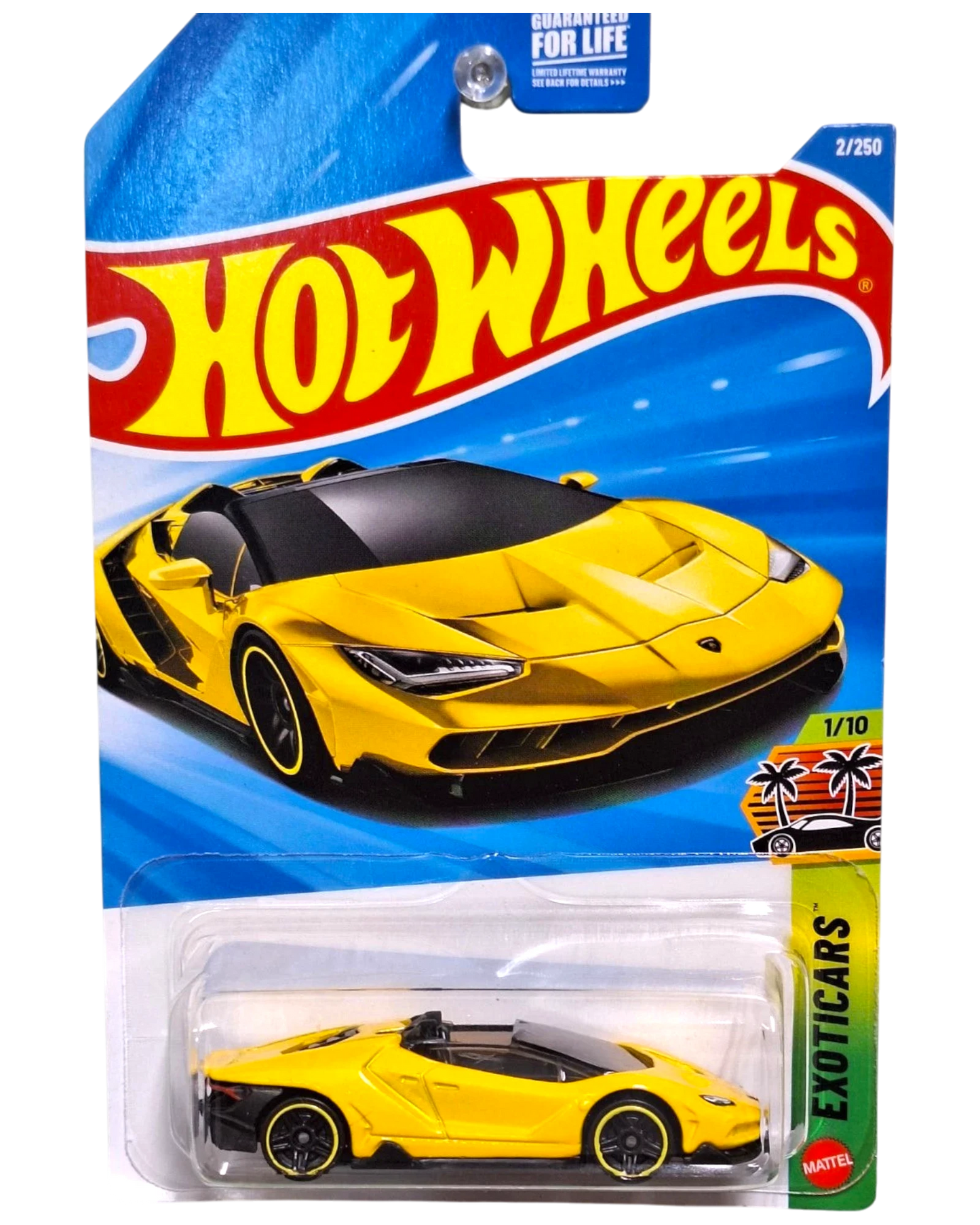 More Than Diecast yellow 2016 Lamborghini Centenario Roadster Hot Wheels toy car in blister pack.