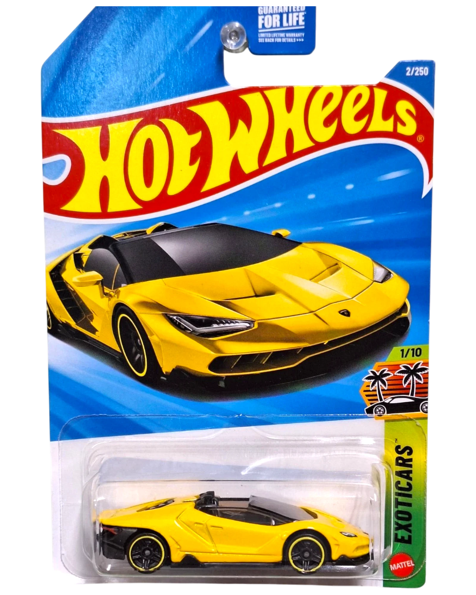 More Than Diecast yellow 2016 Lamborghini Centenario Roadster Hot Wheels toy car in blister pack.