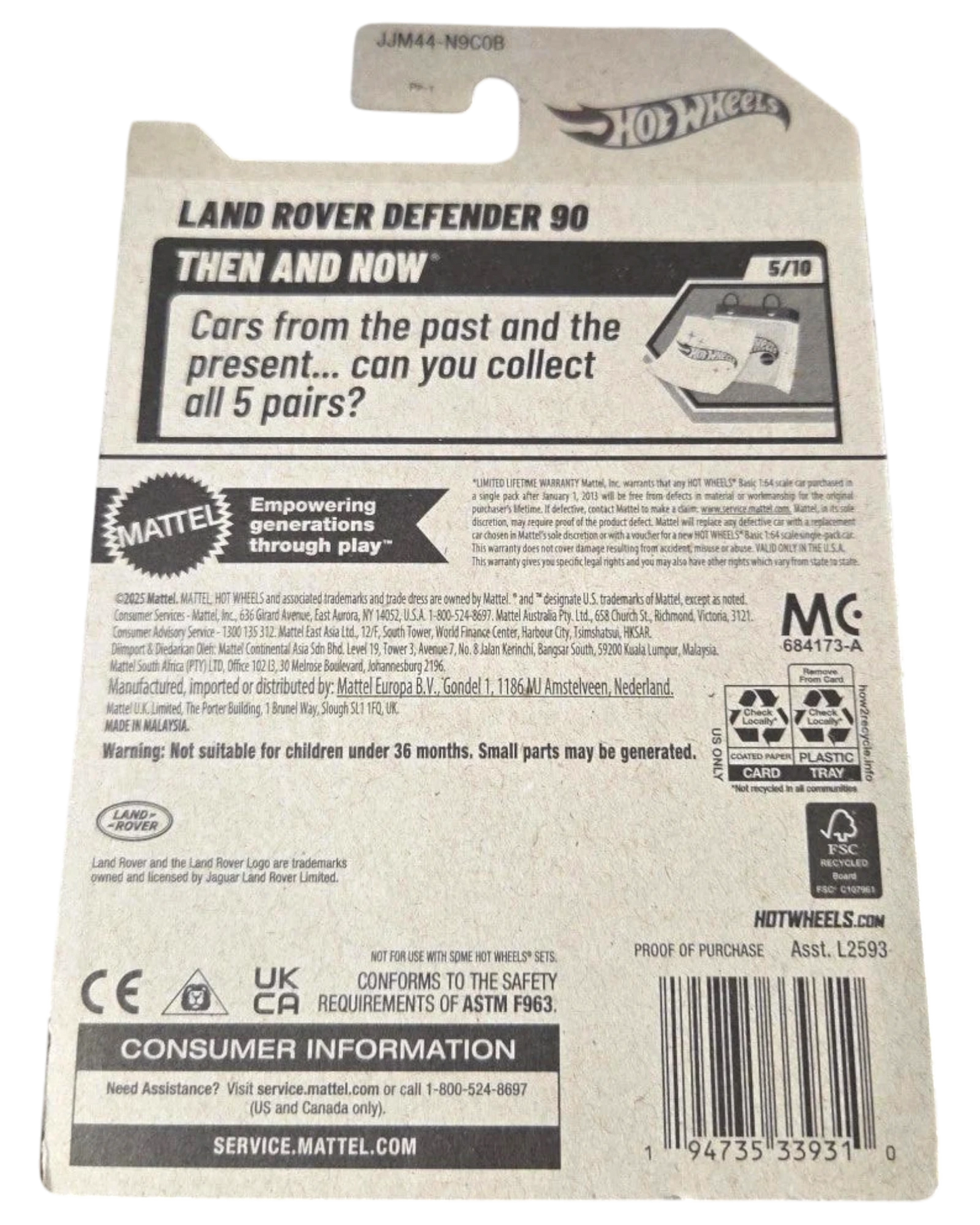 More Than Diecast Hot Wheels Land Rover Defender 90 Then and Now toy car packaging. Features 5/10 rating.