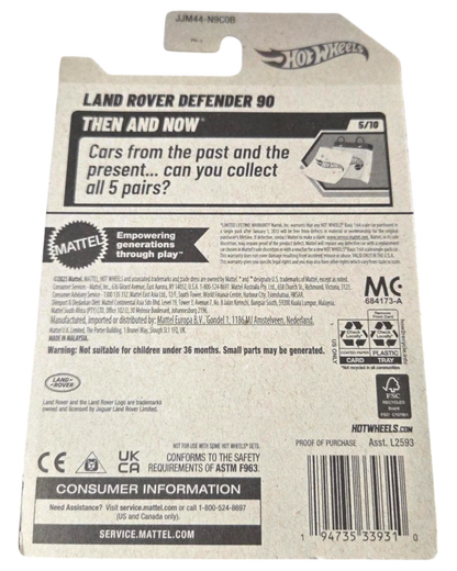 More Than Diecast Hot Wheels Land Rover Defender 90 Then and Now toy car packaging. Features 5/10 rating.