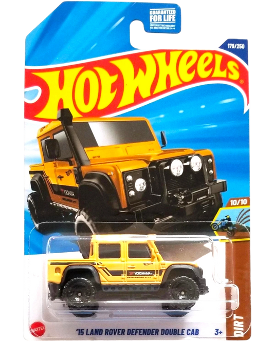 More Than Diecast Hot Wheels 2015 Land Rover Defender Double Cab die-cast model car, yellow with black accents and Yokohama tires.