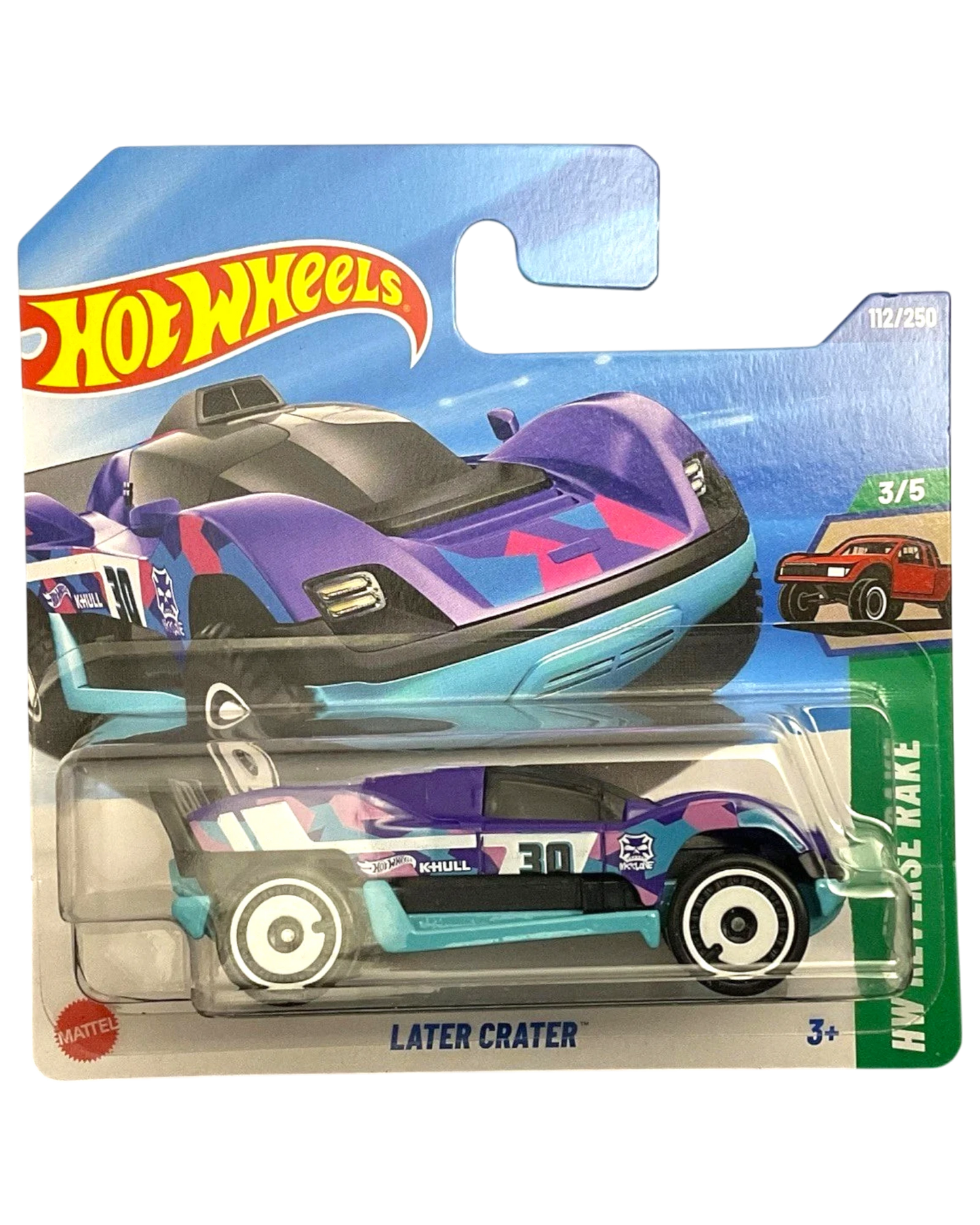 More Than Diecast Hot Wheels Later Crater purple and teal toy car with camouflage pattern and number 30 on side.