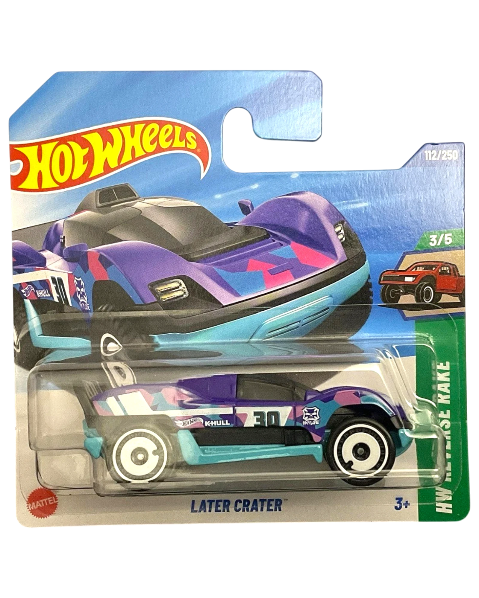 More Than Diecast Hot Wheels Later Crater purple and teal toy car with camouflage pattern and number 30 on side.