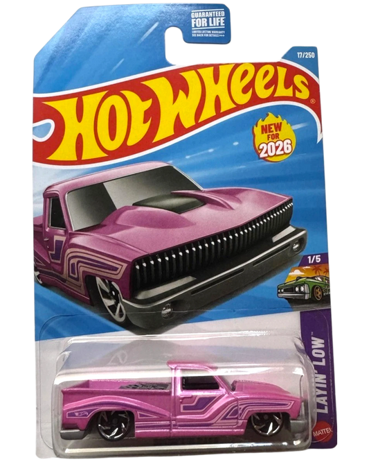 More Than Diecast 2026 Hot Wheels LAYIN' LOW 1/5 Bounce'N Bass 17/250 pink diecast pickup truck with custom graphics and black rims.