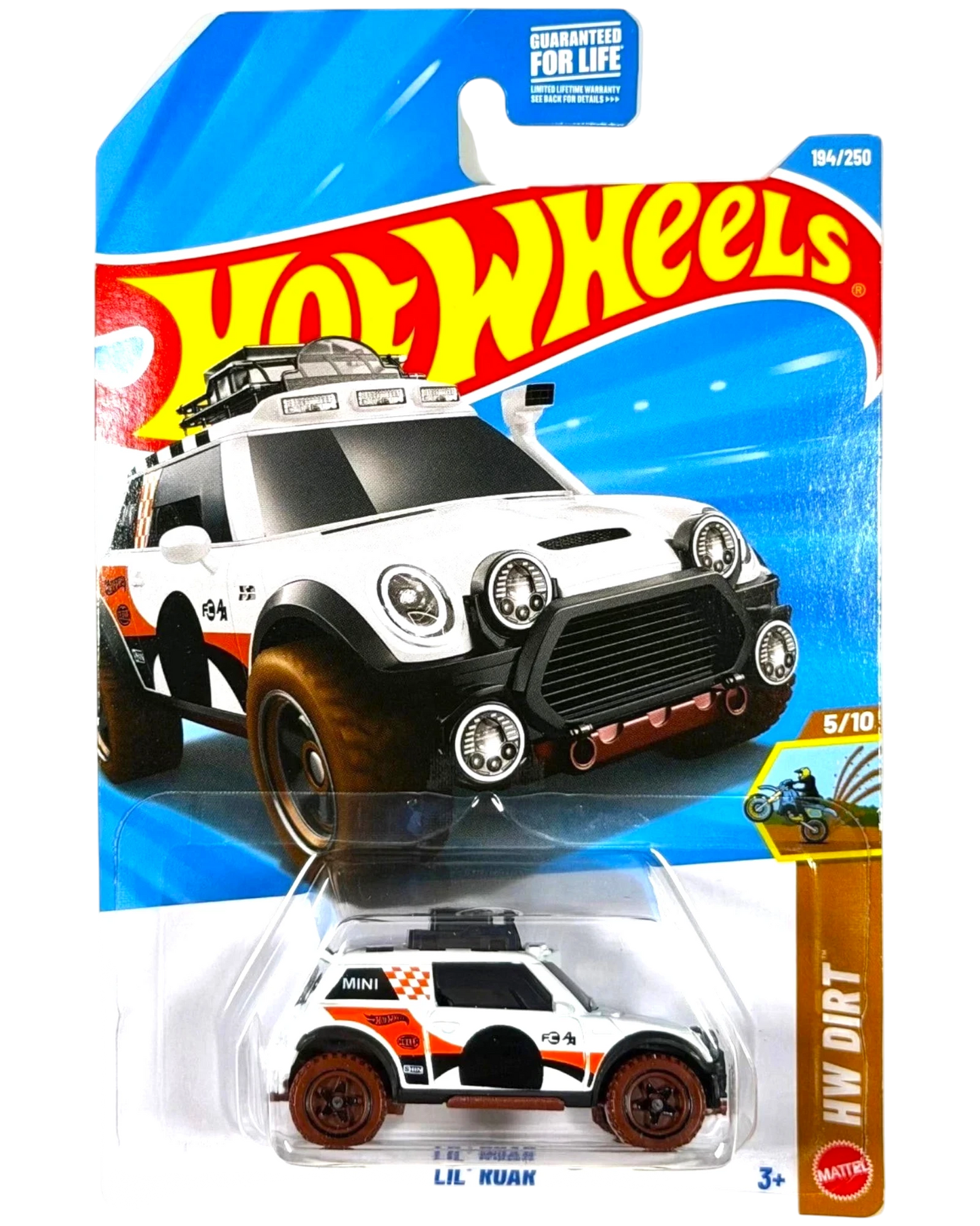 More Than Diecast Hot Wheels Lil' Roar 1:64 die-cast car in white with off-road styling on a damaged blister card.