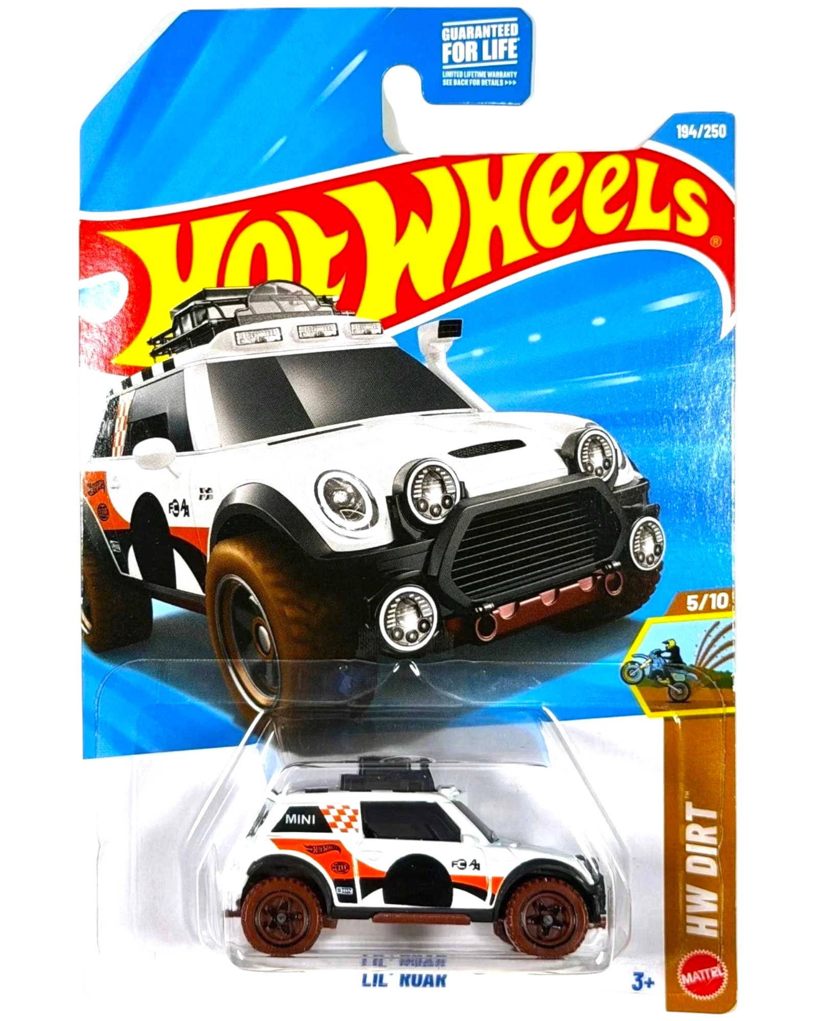 More Than Diecast Hot Wheels Lil' Roar 1:64 die-cast car in white with off-road styling on a damaged blister card.