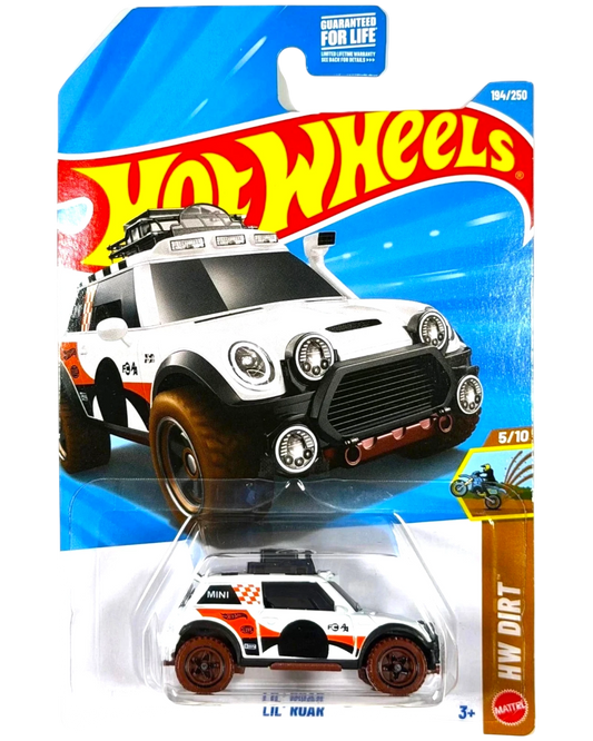 More Than Diecast Hot Wheels Lil' Roar 1:64 die-cast car in white with off-road styling on a damaged blister card.