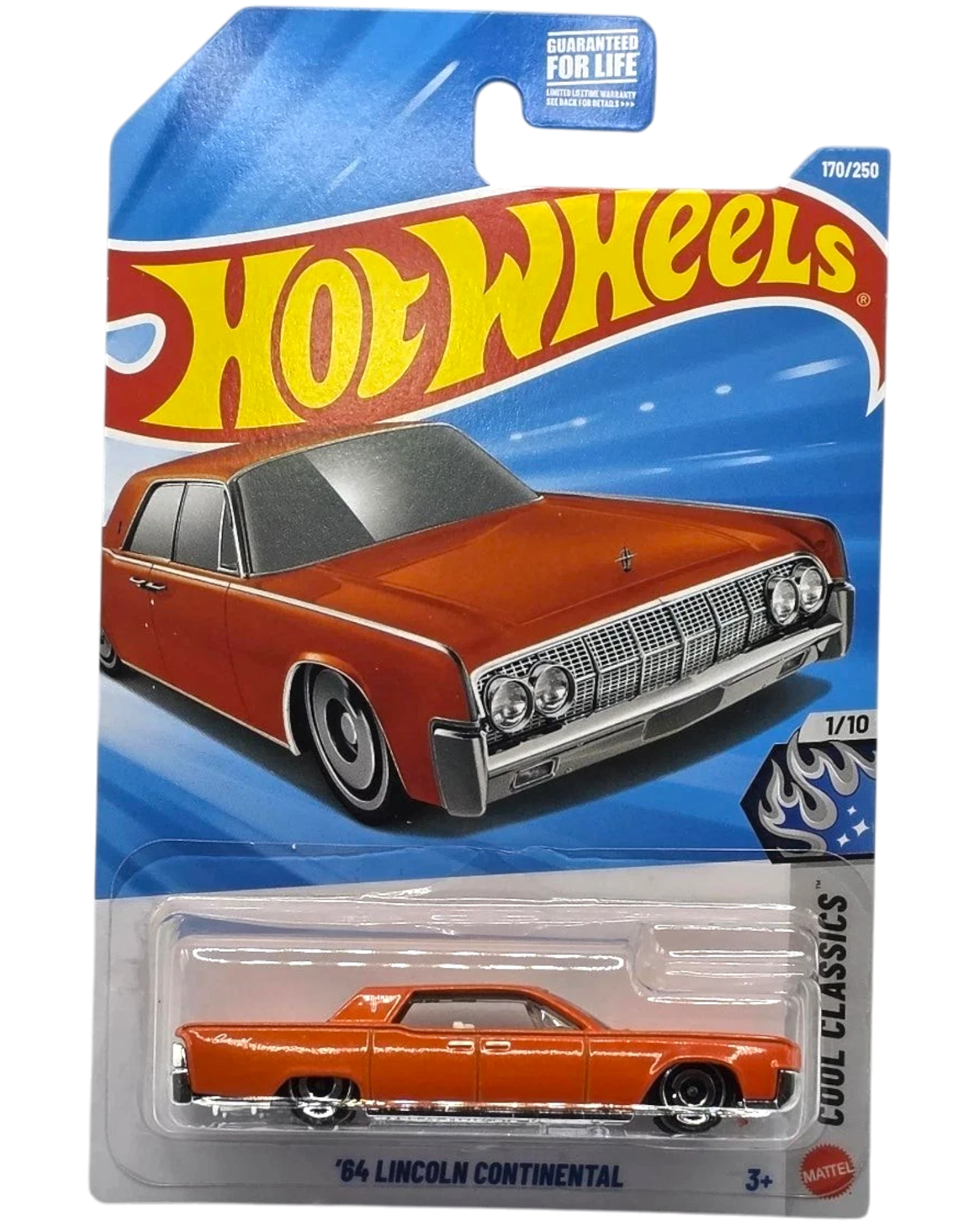 More Than Diecast Hot Wheels '64 Lincoln Continental diecast car in orange with chrome accents. Part of the Cool Classics series.