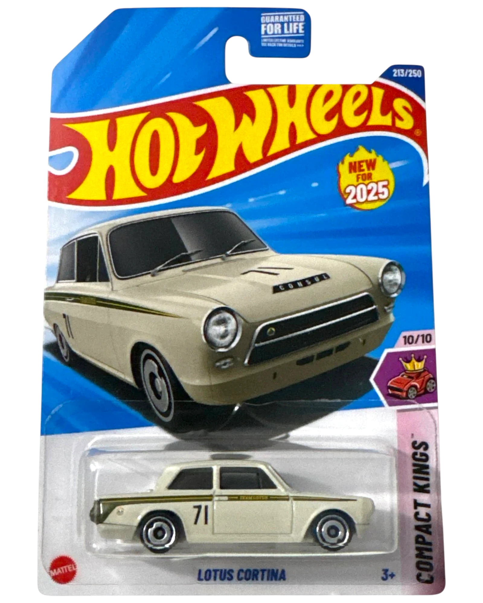 More Than Diecast Hot Wheels 2025 Lotus Cortina diecast car, cream with green and gold racing stripes and number 71.