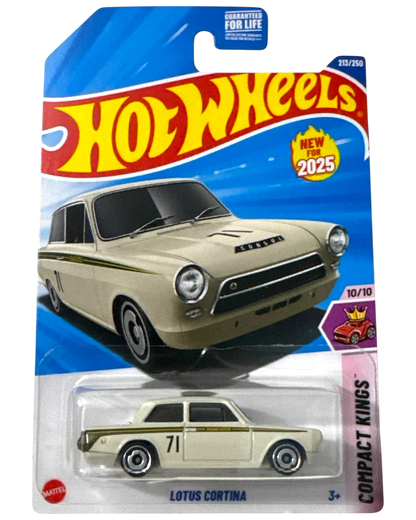 More Than Diecast Hot Wheels 2025 Lotus Cortina diecast car, cream with green and gold racing stripes and number 71.