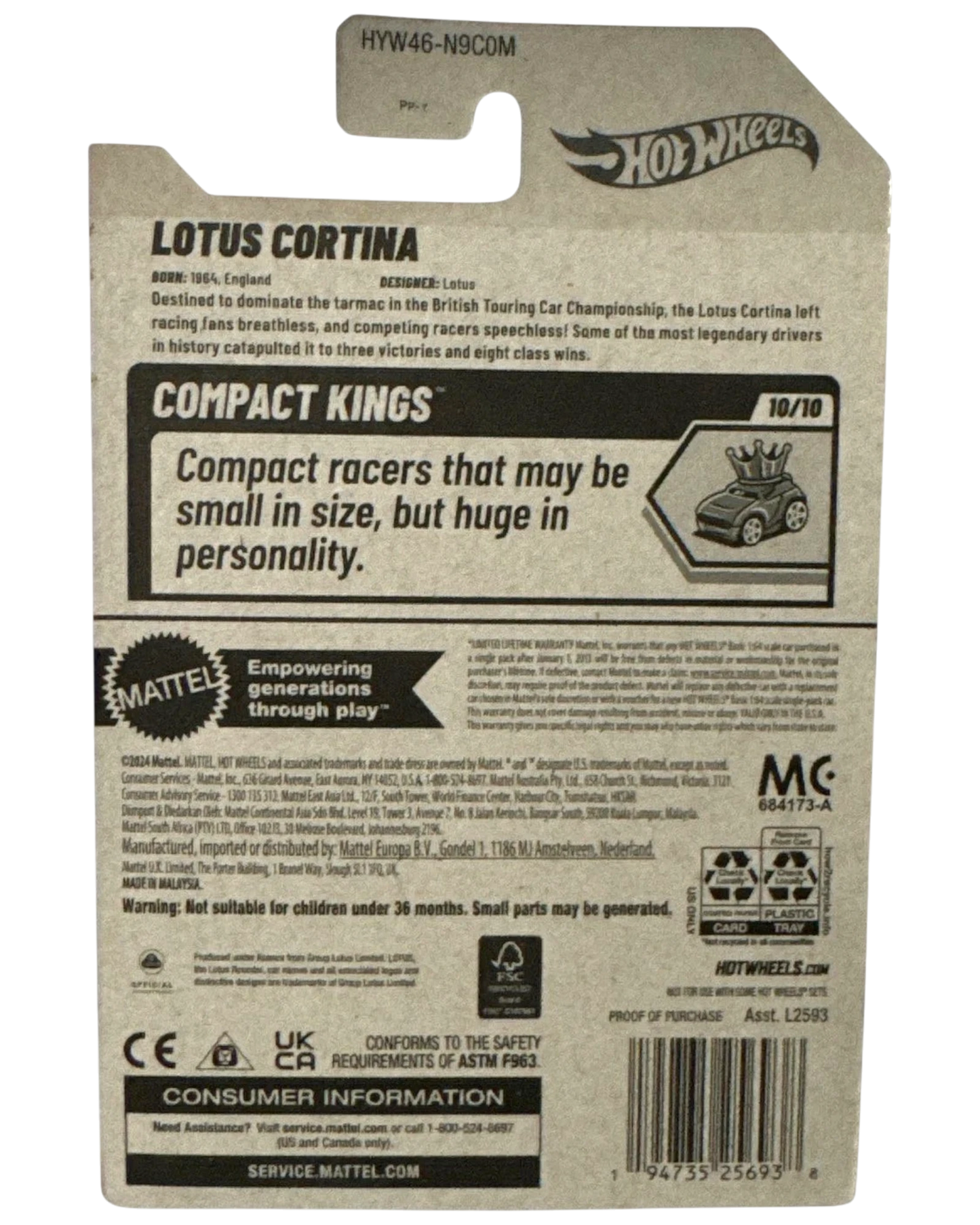 More Than Diecast Hot Wheels 2025 Lotus Cortina 10/10 Compact Kings cream diecast car packaging.