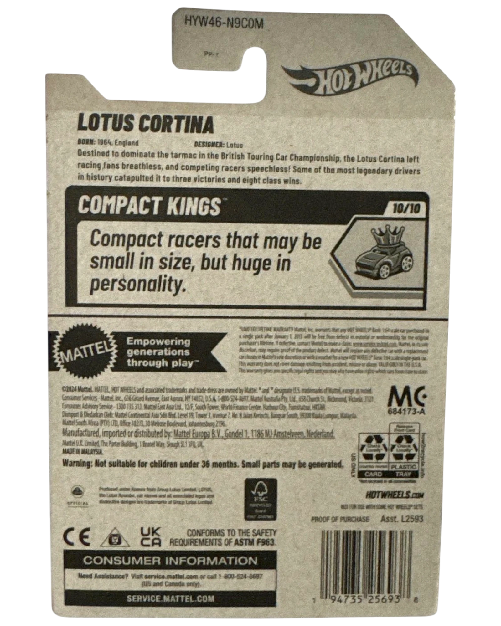 More Than Diecast Hot Wheels 2025 Lotus Cortina 10/10 Compact Kings cream diecast car packaging.