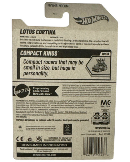 More Than Diecast Hot Wheels 2025 Lotus Cortina 10/10 Compact Kings cream diecast car packaging.