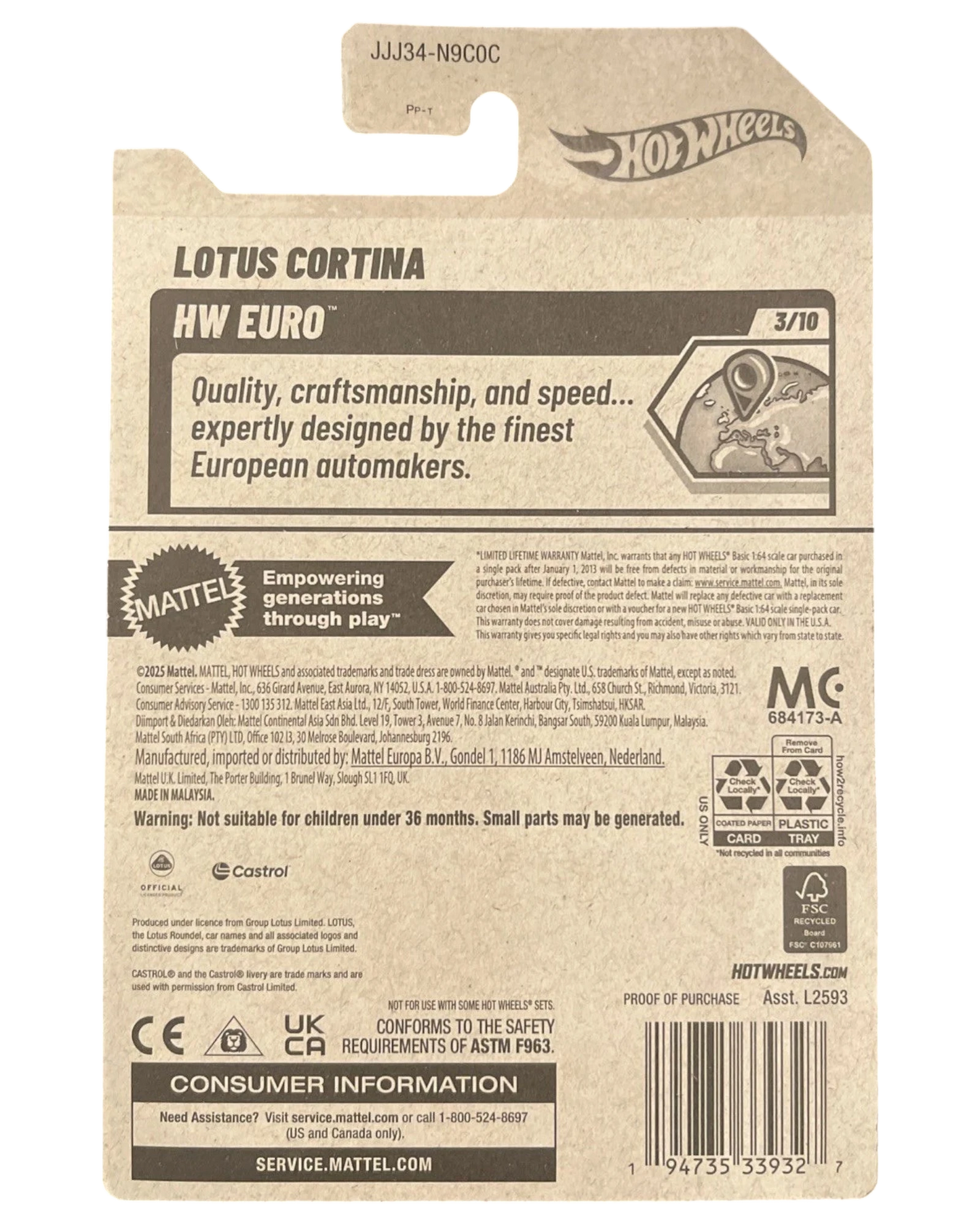 Back of More Than Diecast Hot Wheels Lotus Cortina HW Euro packaging with product details and branding.