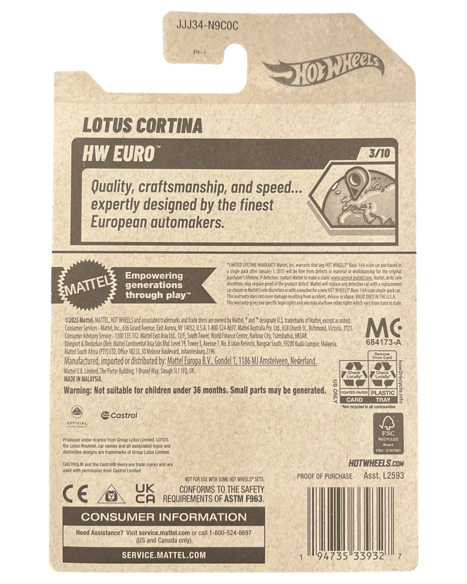 Back of More Than Diecast Hot Wheels Lotus Cortina HW Euro packaging with product details and branding.
