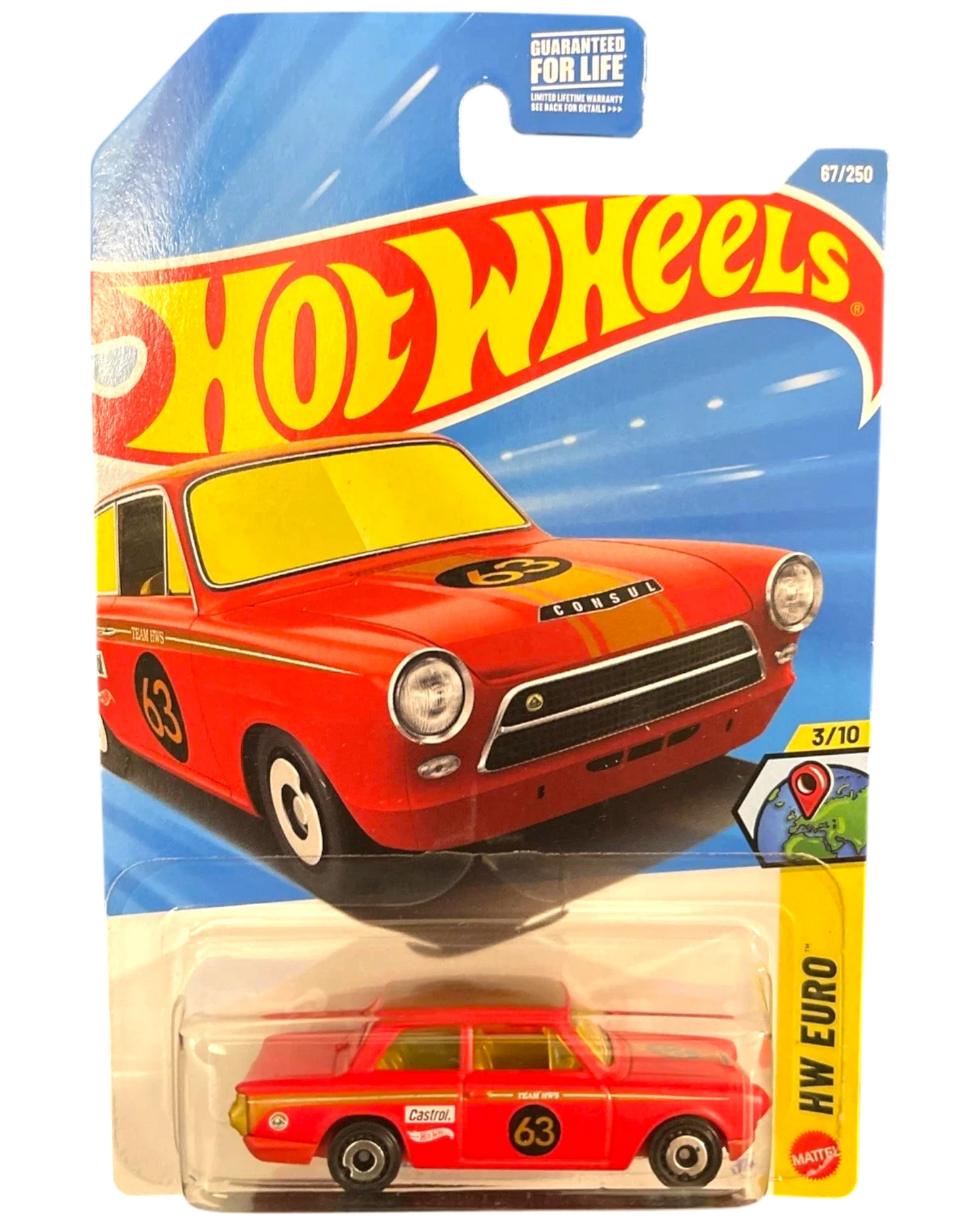 More Than Diecast Hot Wheels Lotus Cortina red diecast car with number 63 Castrol livery in original blister pack