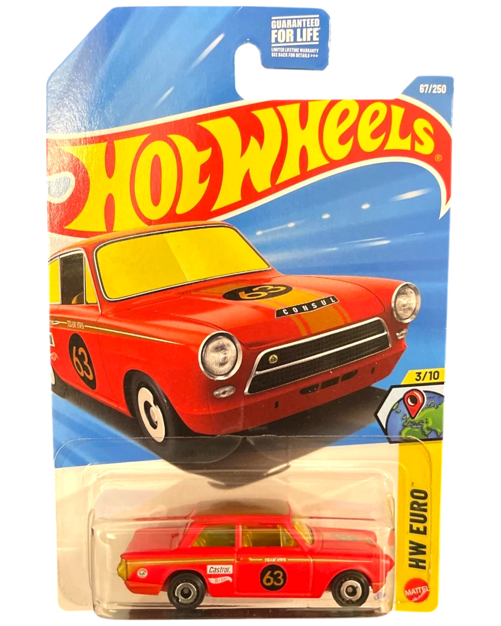 More Than Diecast Hot Wheels Lotus Cortina red diecast car with number 63 Castrol livery in original blister pack