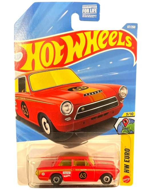 More Than Diecast Hot Wheels Lotus Cortina red diecast car with number 63 Castrol livery in original blister pack