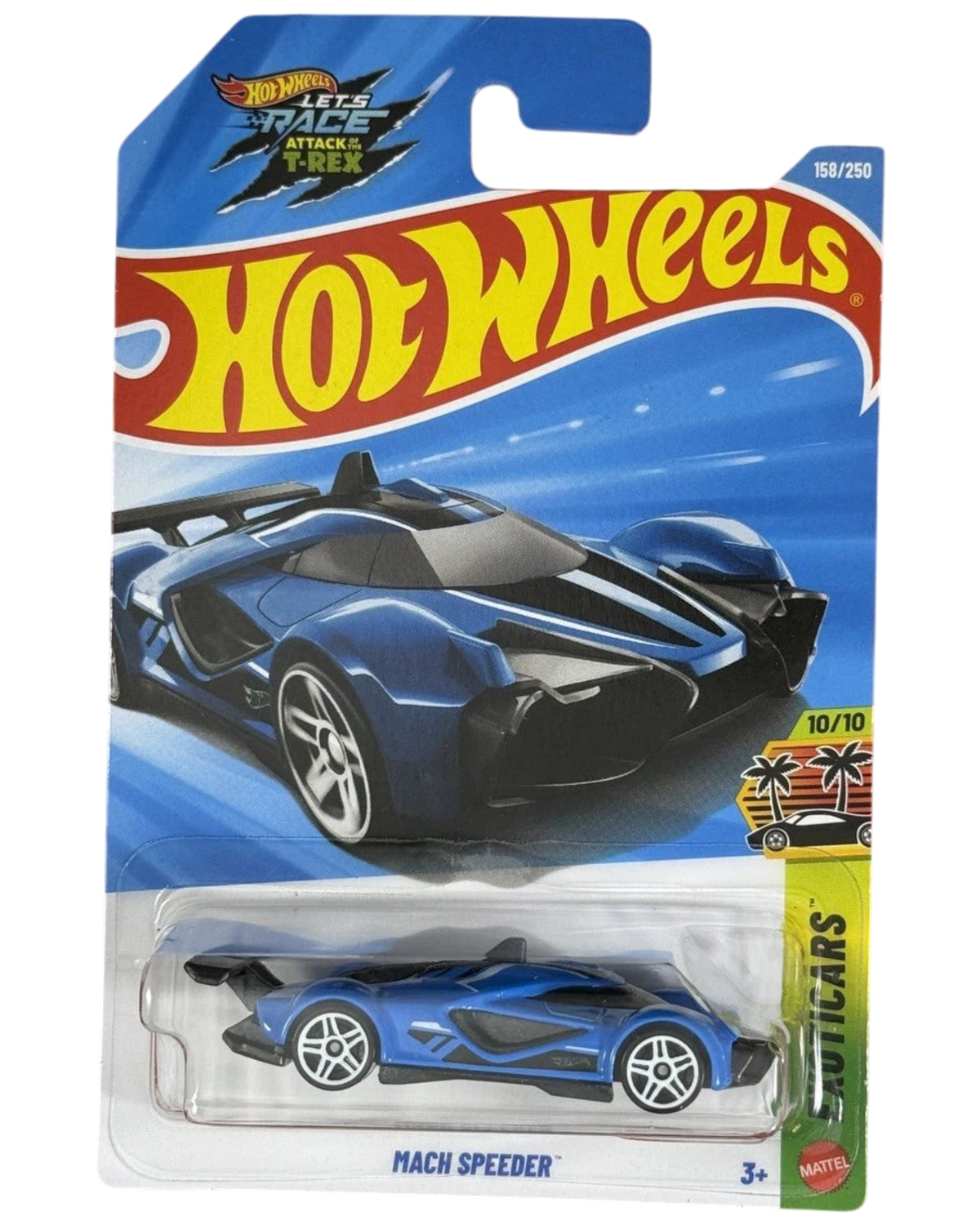 More Than Diecast Hot Wheels Mach Speeder blue 1:64 scale die-cast car from the 2026 Exoticars series in packaging.