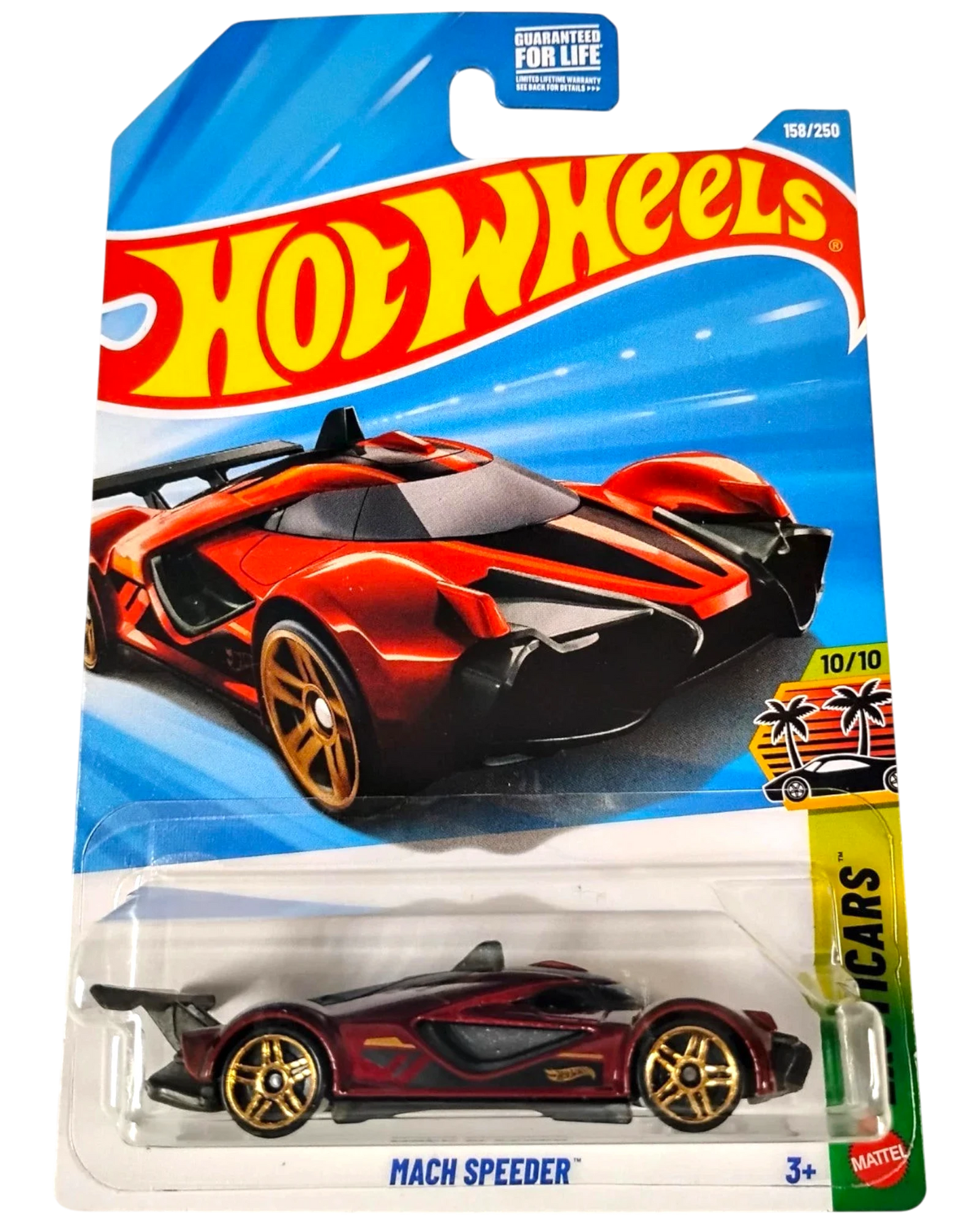 More Than Diecast Hot Wheels Mach Speeder toy car, metallic red with gold wheels and black accents.