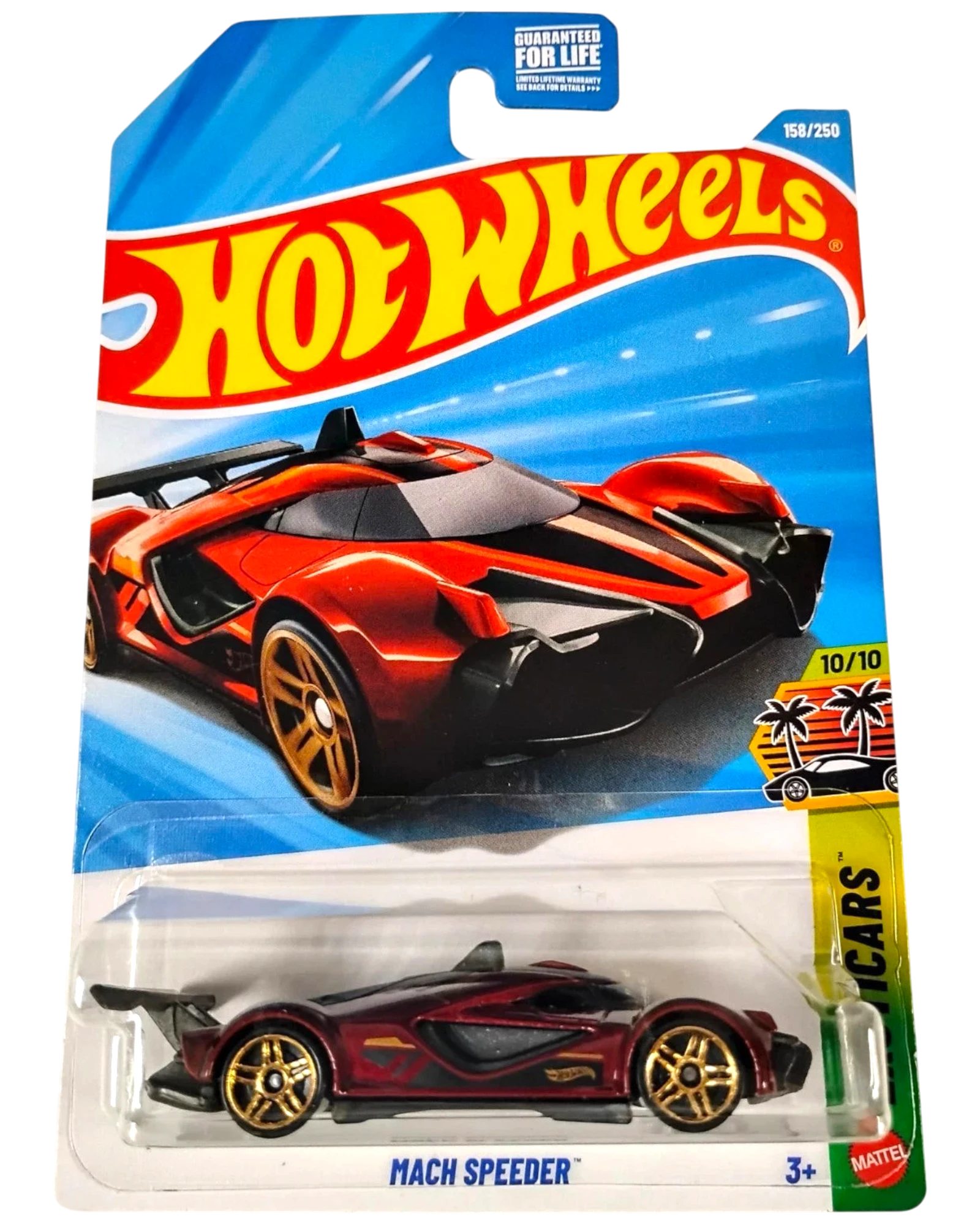 More Than Diecast Hot Wheels Mach Speeder toy car, metallic red with gold wheels and black accents.