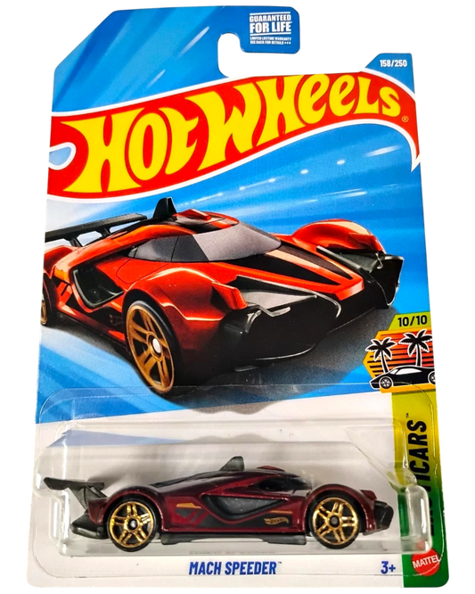 More Than Diecast Hot Wheels Mach Speeder toy car, metallic red with gold wheels and black accents.