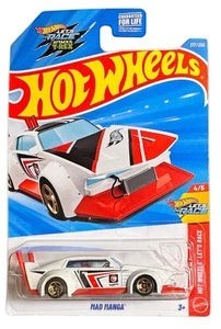 More Than Diecast Hot Wheels Mad Manga Treasure Hunt die-cast car in white and red with flame graphics on card