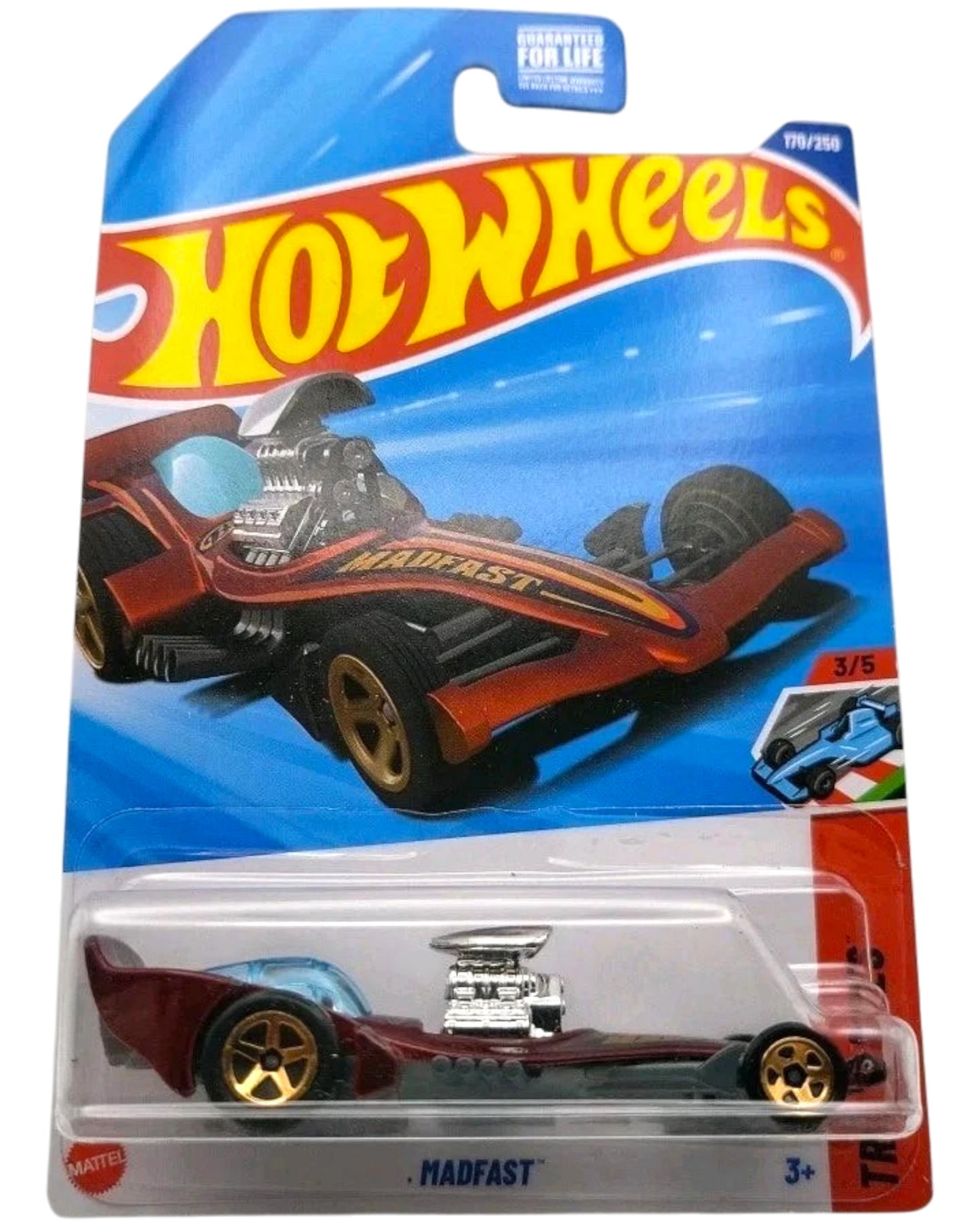 More Than Diecast Hot Wheels 2025 Madfast red die-cast toy car with gold wheels and a visible engine.