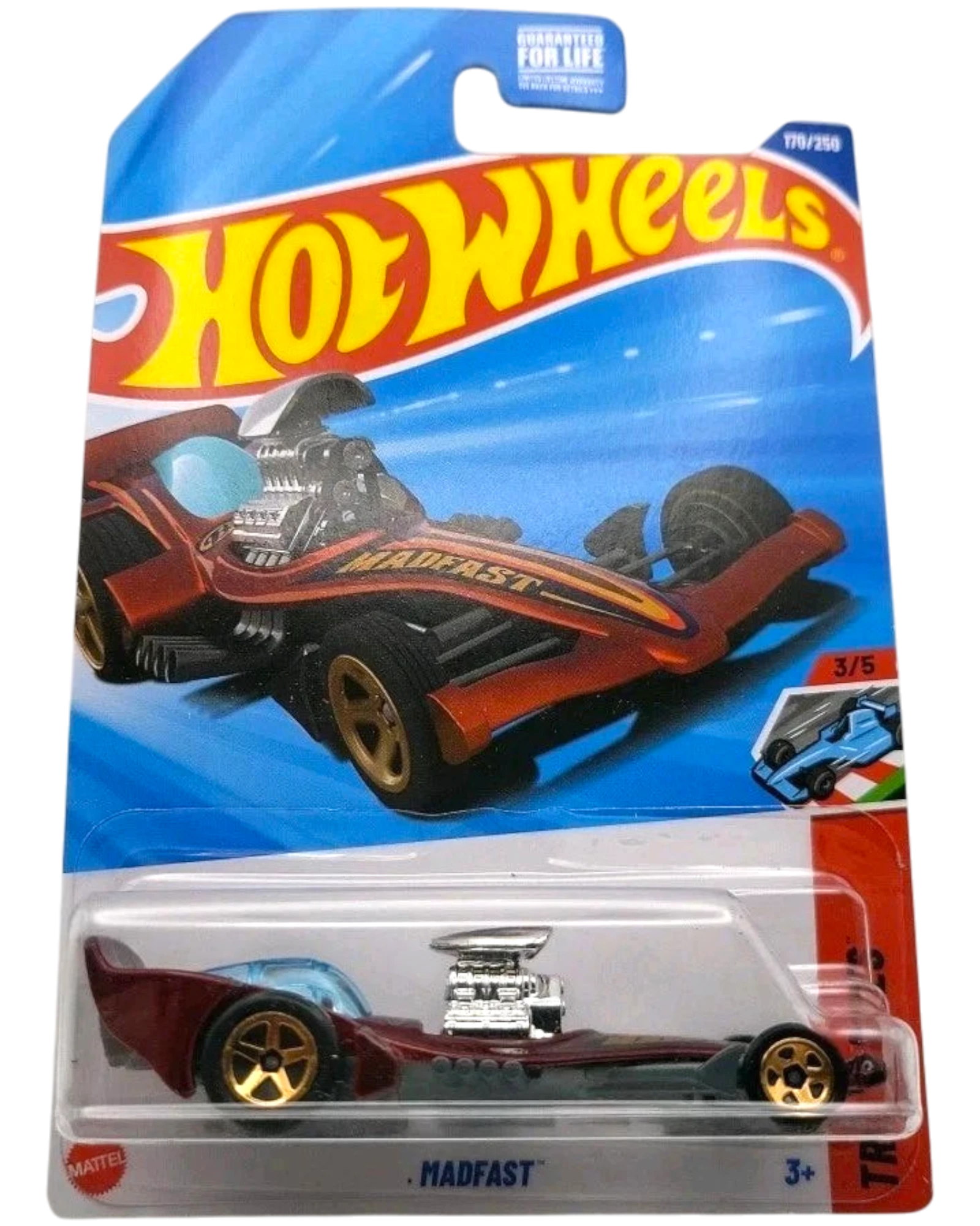 More Than Diecast Hot Wheels 2025 Madfast red die-cast toy car with gold wheels and a visible engine.