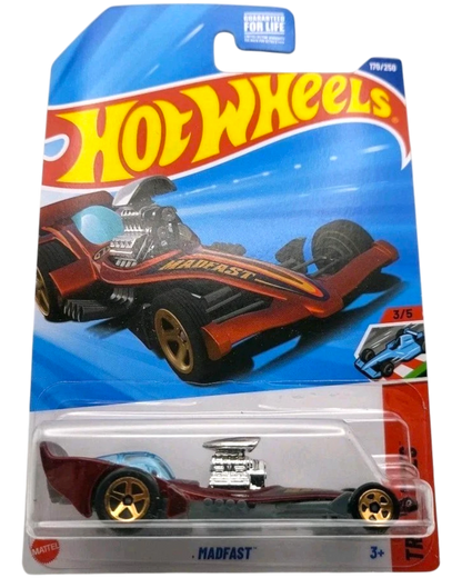 More Than Diecast Hot Wheels 2025 Madfast red die-cast toy car with gold wheels and a visible engine.
