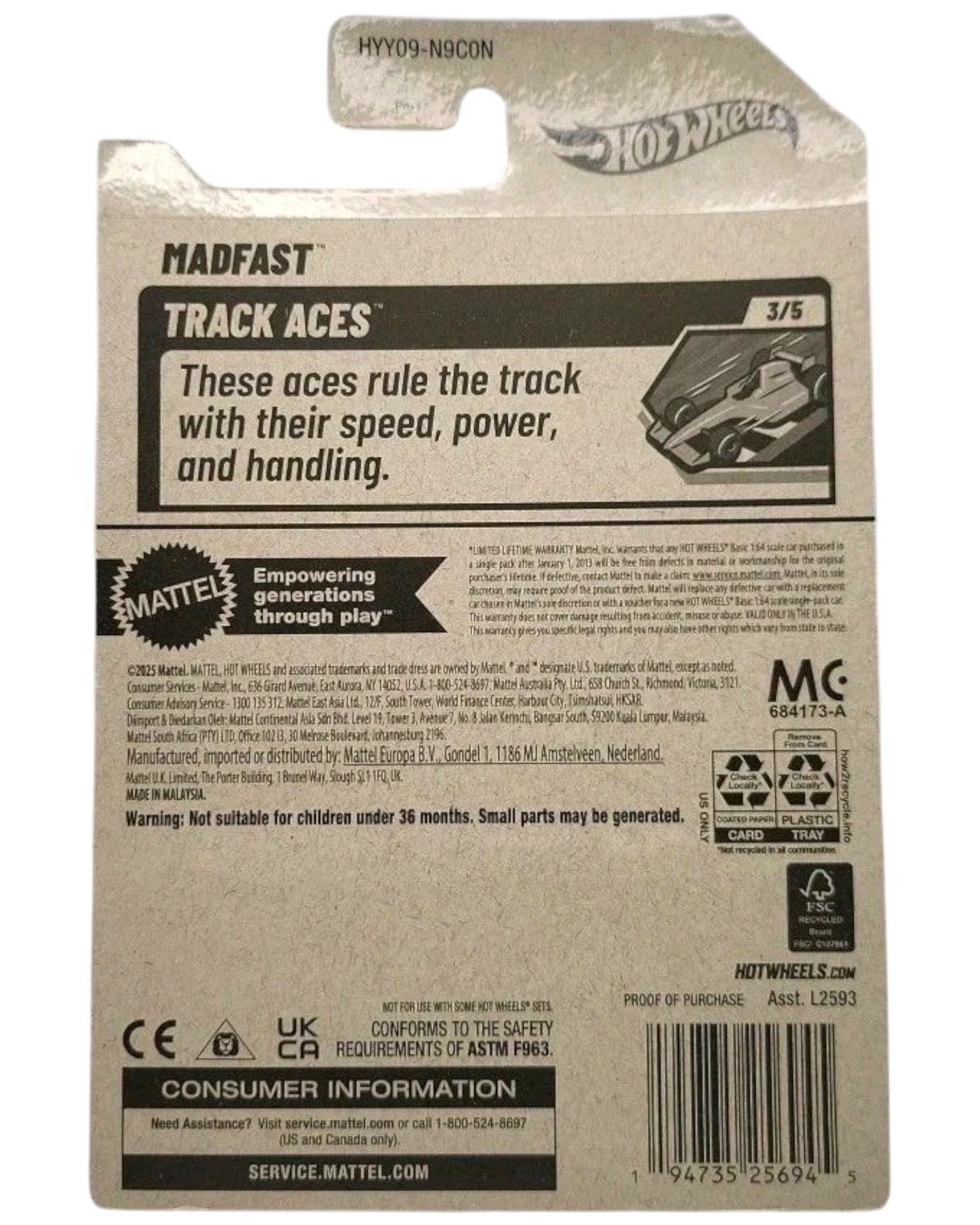 More Than Diecast Hot Wheels Madfast Track Aces 3/5 diecast car packaging. Features text about speed, power, and handling.