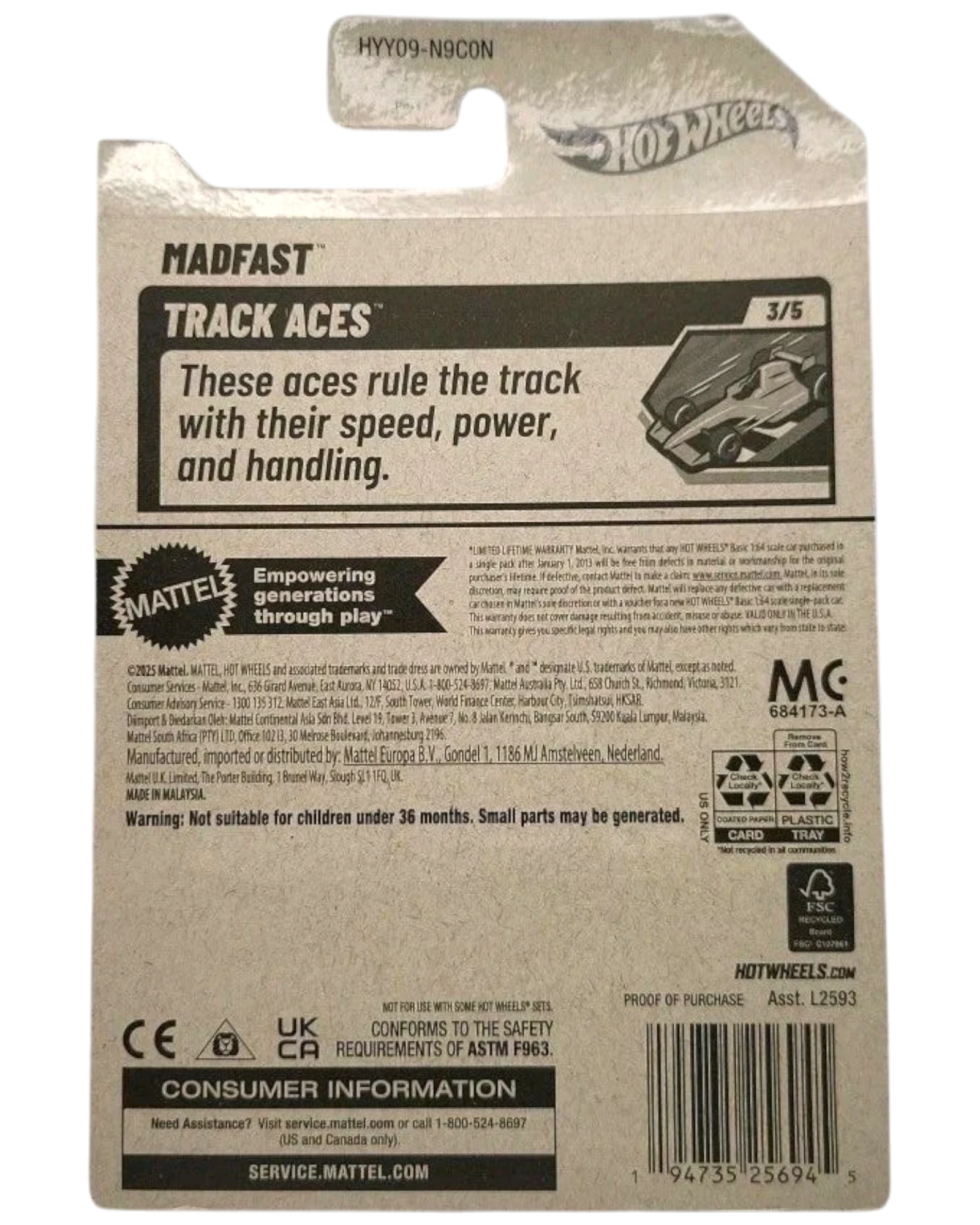 More Than Diecast Hot Wheels Madfast Track Aces 3/5 diecast car packaging. Features text about speed, power, and handling.